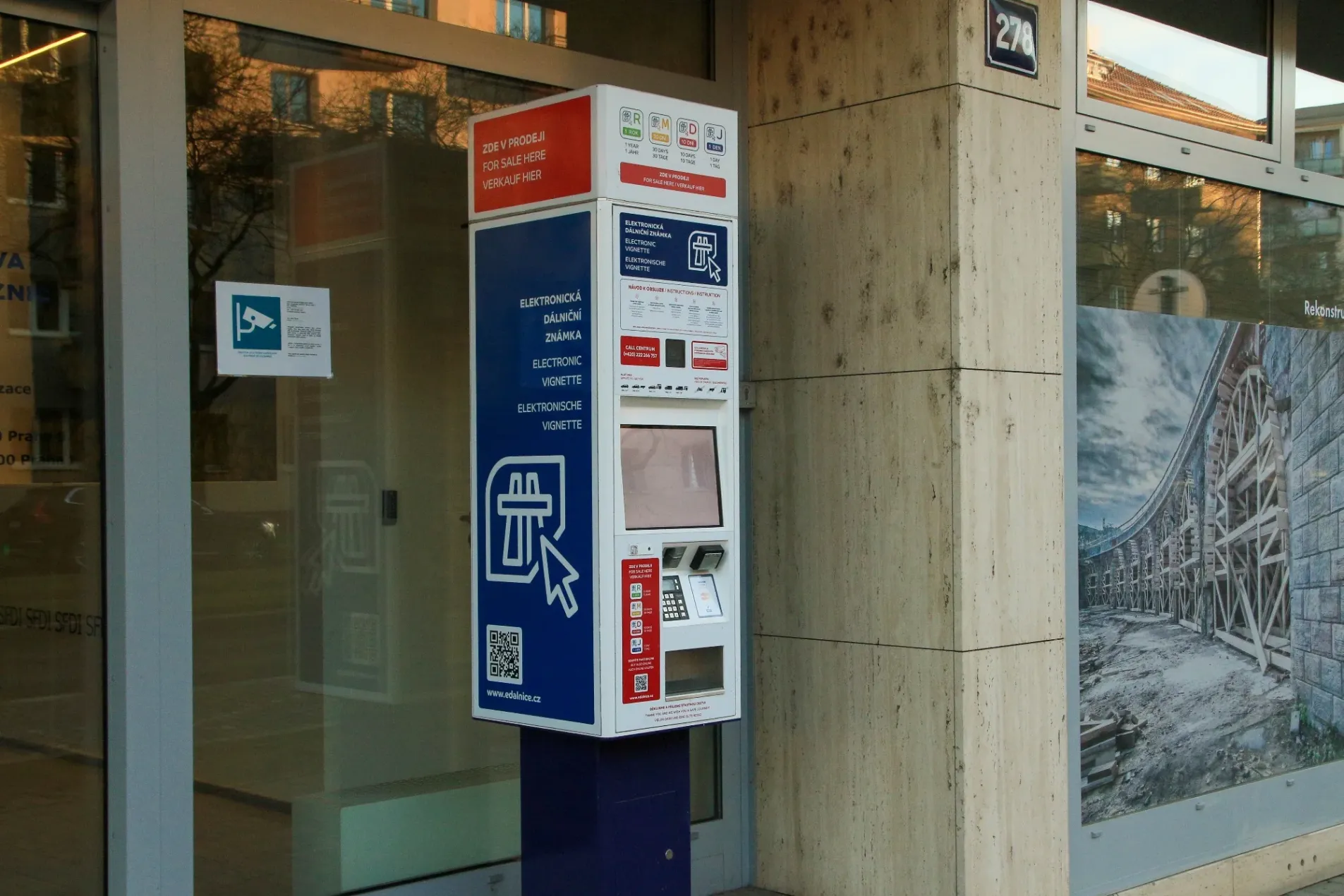 Official SFDI electronic vignette vending machine for buying a Czech e-vignette in Prague, showing edalnice.cz branding