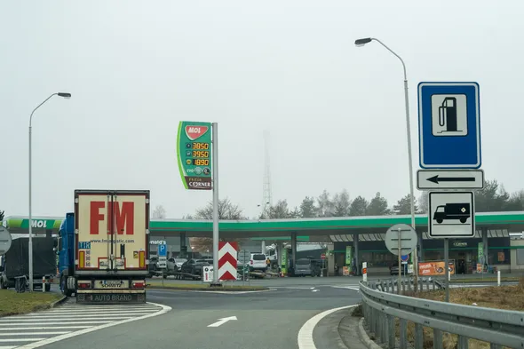 MOL petrol station Kateřina in the Czech Republic showing fuel prices with Fresh Corner shop and truck parking, captured on February 25, 2026